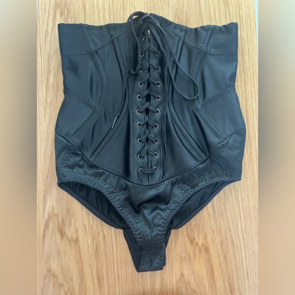 Agent Provocateur Black Satin Front Emile Corset Control Brief Size 2 Zip Back